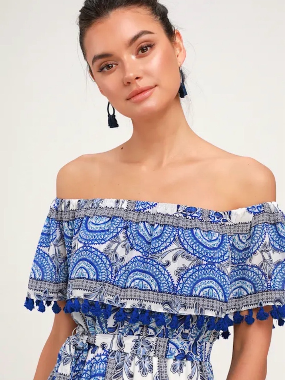 Lulu's Blue & White Off-Shoulder Printed Crop Top with Tassel Trim